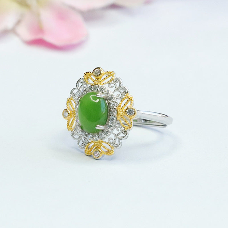 Fortune's Favor: Sterling Silver Hetian Jade Retro Ring with Jasper Gem