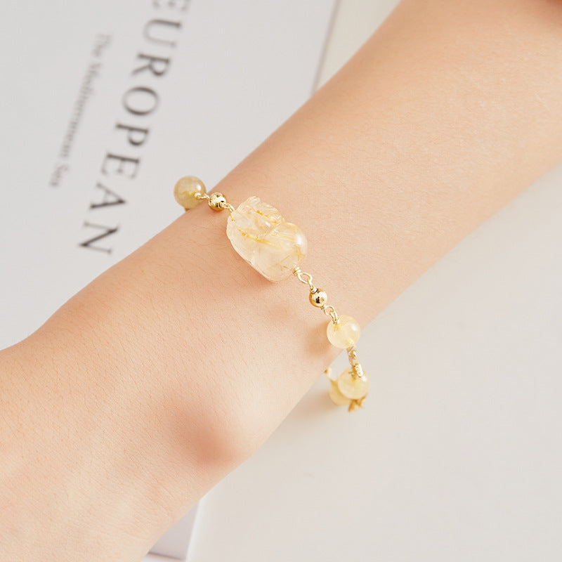 Attract Wealth with Golden Crystal Pixiu Bracelet for Girls - Unique Star Chain Design