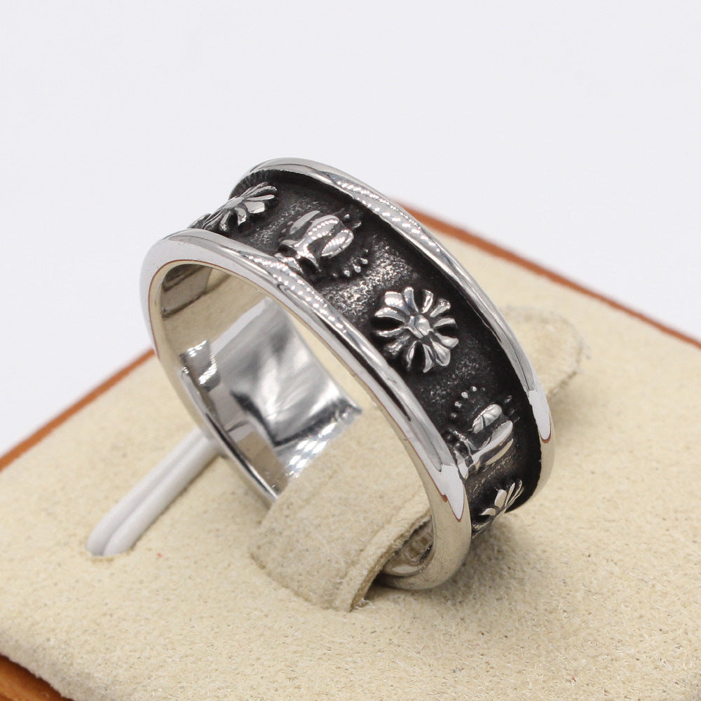 Cross Flower and Crown Grooved Titanium Ring in For Men