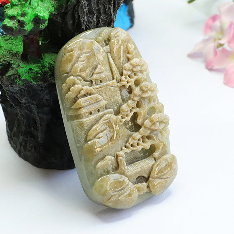 Myanmar Landscape Jade Pendant with Sterling Silver Needle