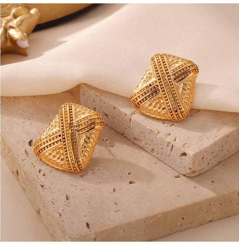 18k Gold Plated Titanium Steel Earrings with Multi-layer Line Texture Splicing Design