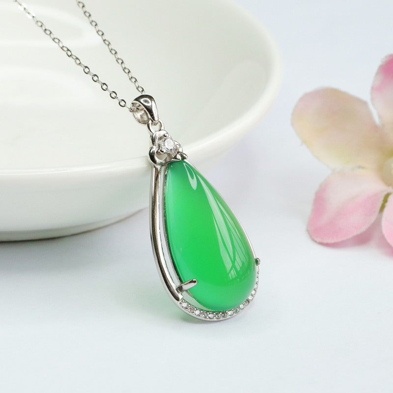 Sterling Silver Necklace with Green Chalcedony Droplet Pendant