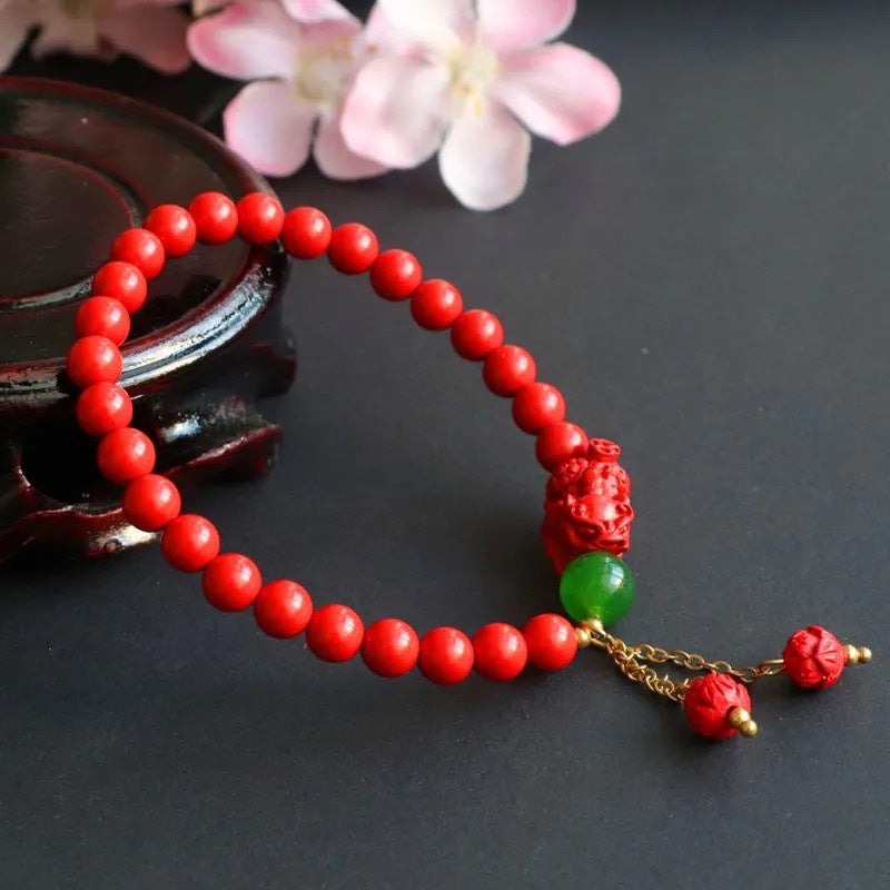 Red Sand Pixiu Fortune's Favor Sterling Silver Bracelet with Cinnabar Stone