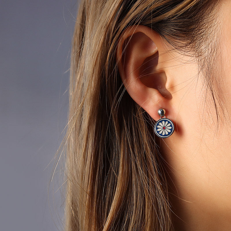 Enamel Ink Blue Daisy Earrings with Titanium Steel Needles