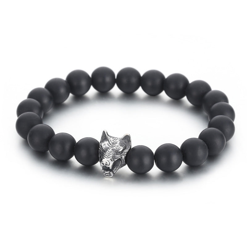 New foreign trade turquoise combination bracelet, personalized matte black agate wolf head stainless steel trendy men's beaded bracelet for men