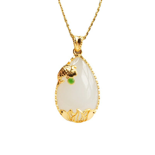 Jade Koi Necklace with Water Drop Hotan Jade Pendant