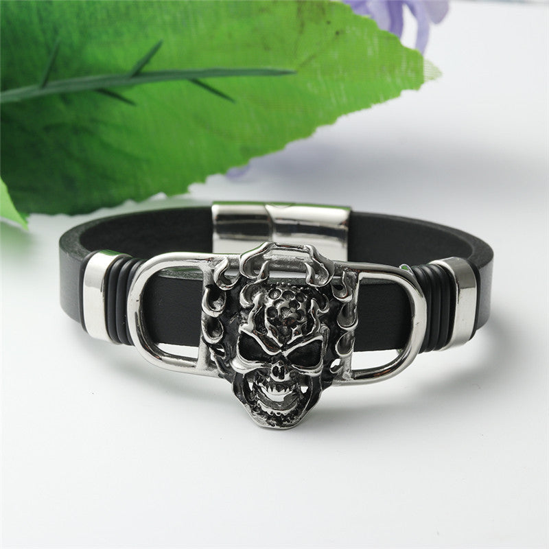 Titanium Steel Skull Flame Bracelet - Personalized Punk Leather Accessory for Men