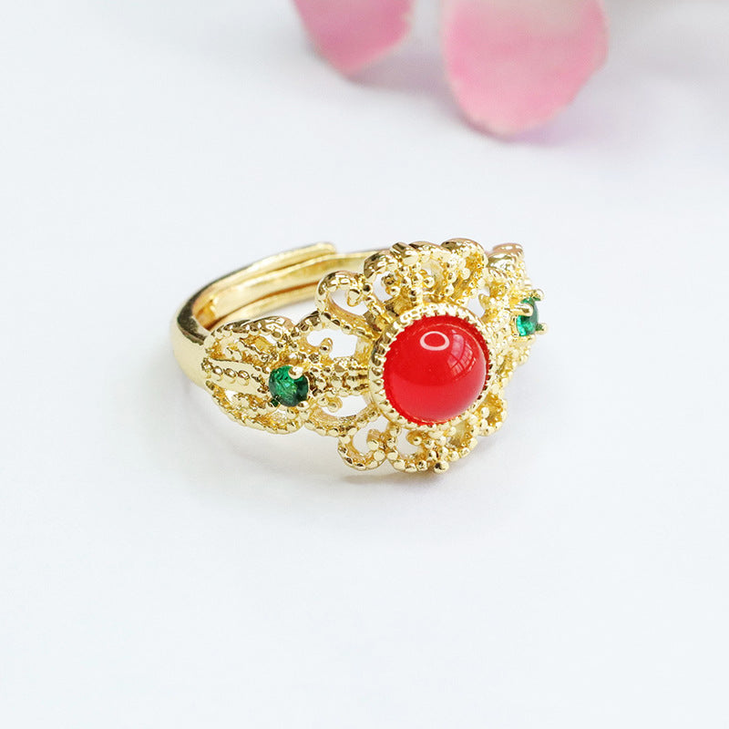 Regal Red Agate and Green Chalcedony Crown Ring in Sterling Silver