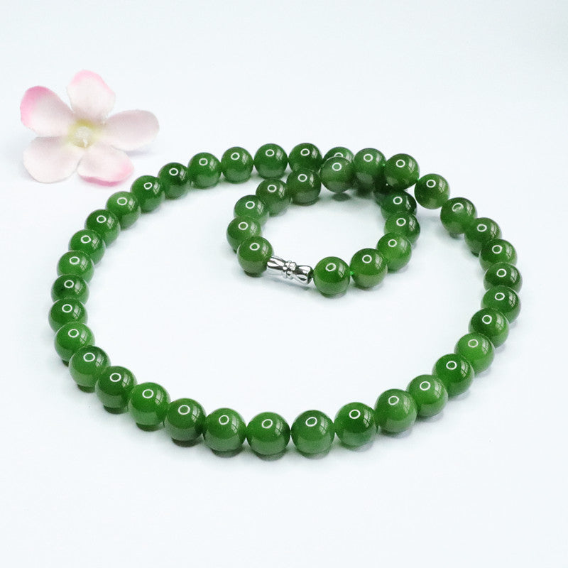 Natural Hetian Jade Necklace Jasper Russian Spinach Green Beads