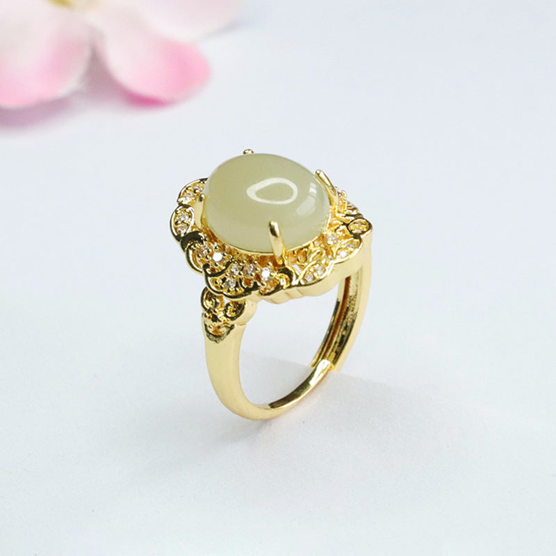 Elegant Hetian Jade Palace Style Ring with Sterling Silver