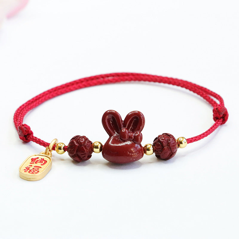 Rabbit and Lotus Cinnabar Stone Red Rope Bracelet