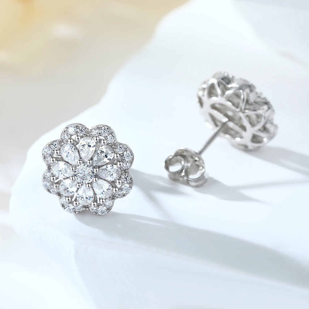 Full Zircon Flower Sterling Silver Stud Earrings