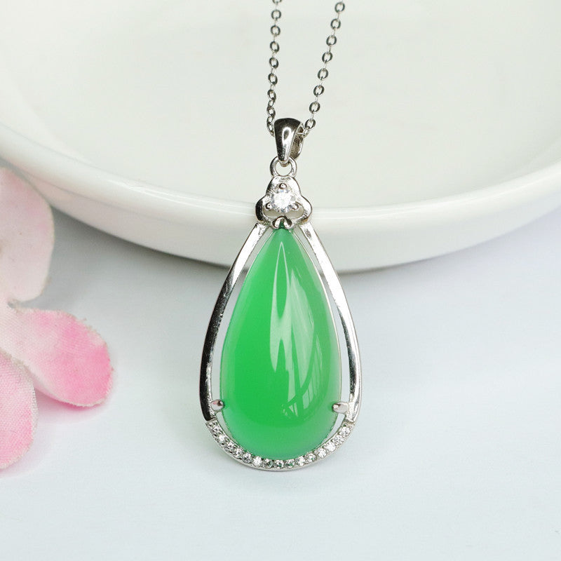 Sterling Silver Necklace with Green Chalcedony Droplet Pendant