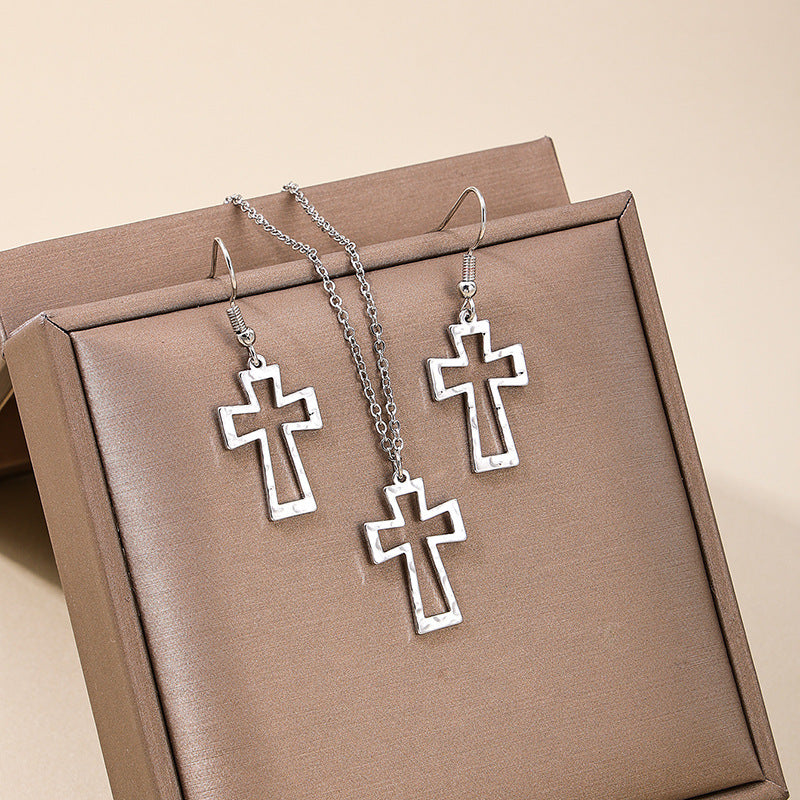 Bohemian Hollow Cross Necklace and Earrings Set with European Charm