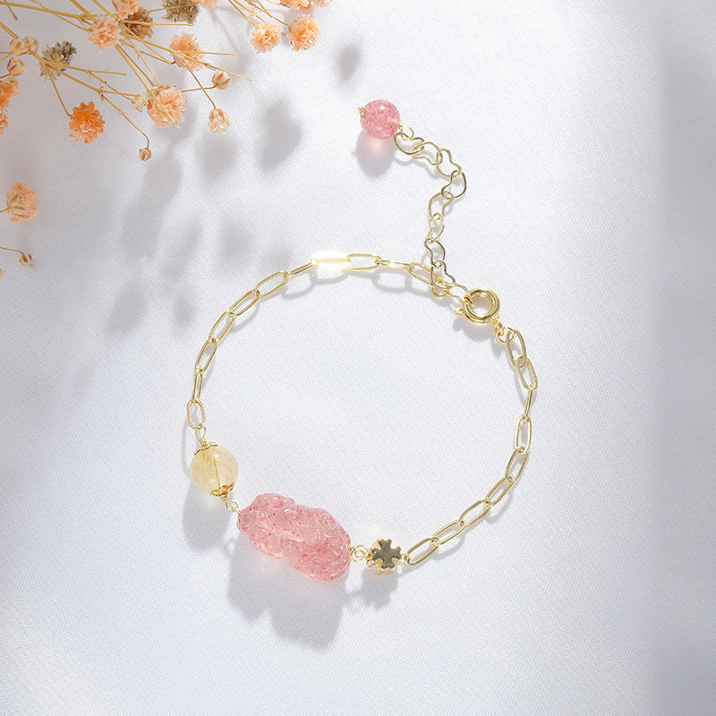 Strawberry Crystal Pixiu Bracelet with Sterling Silver Needle