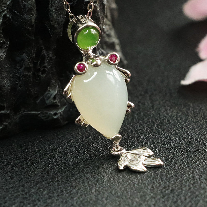 S925 Silver Natural Hetian Jade Pendant Goldfish Koi Necklace Jewelry