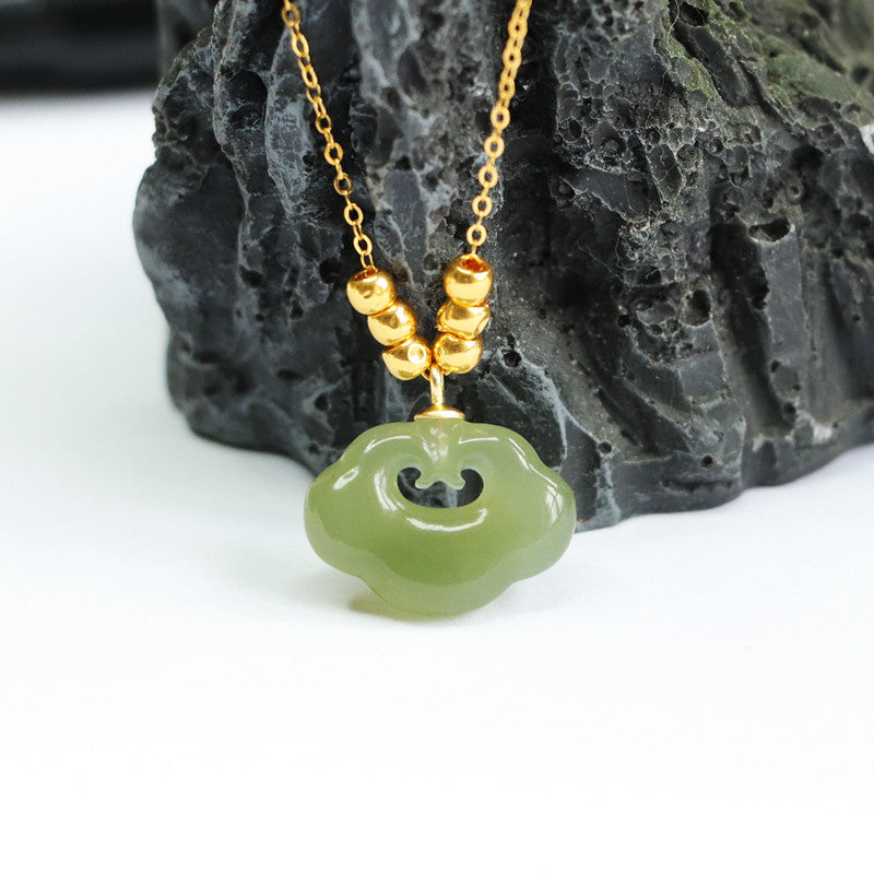 Silver Ruyi Pendant Necklace with Natural Hotan Jade Beads