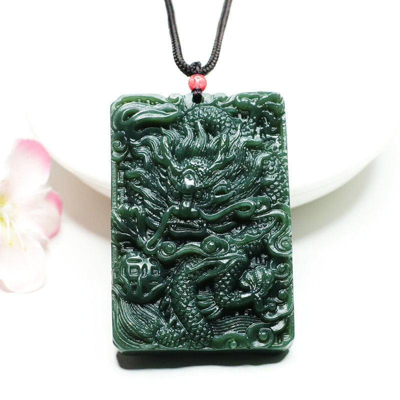 Dragon and Phoenix Double-sided Carved Green Jade Necklace