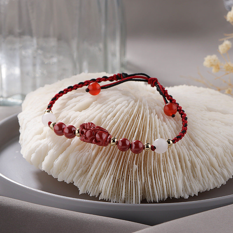 Cinnabar Braided Rope Bracelet with Sterling Silver and Bai Yueguang Charm