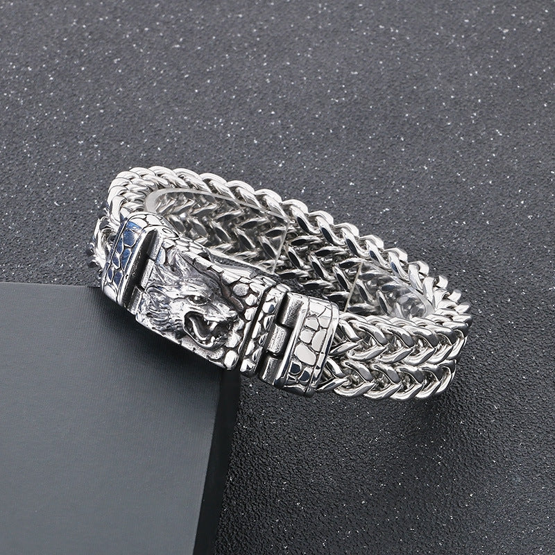 Customizable Retro Year of the Dragon Punk Style Men's Bracelet with Square Buckle and Chain in Stainless Steel