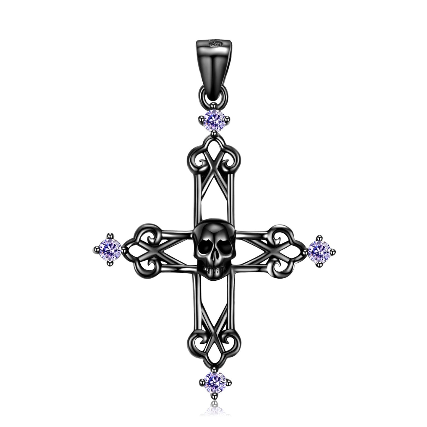 Black Skull Hollow Cross Pendant Purple Zircon Silver Necklace