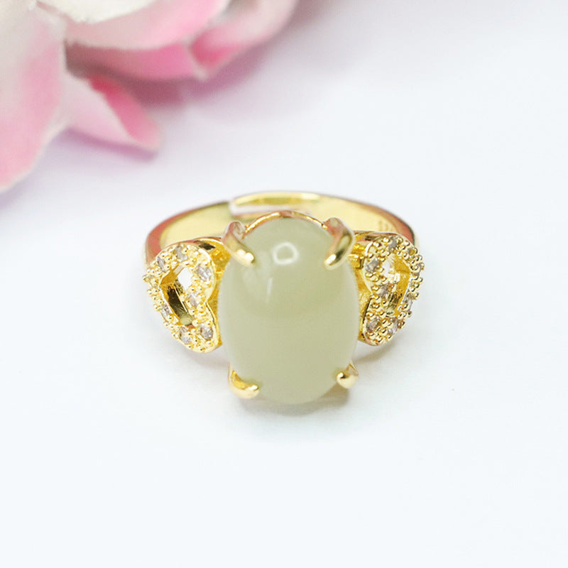 Elegant Love Zircon Hollow Hotan Jade Ring with Adjustable Opening