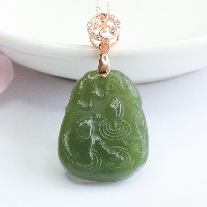 Hetian Jade Lotus Fish Pendant Sterling Silver Necklace from Planderful Fortune's Favor Collection