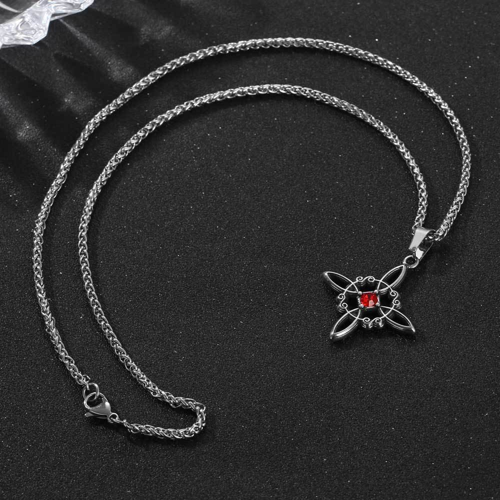 Elegant Unisex Titanium Steel Necklace with Red Zircon Chinese Knot Pendant