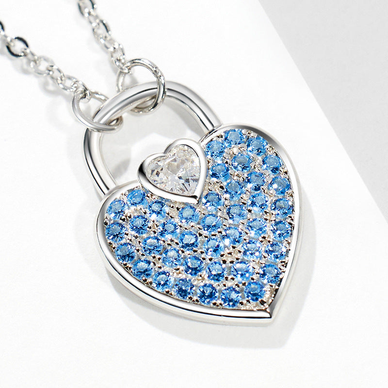 Heart Shape Lock Pendant Blue Zircon Sterling Silver Necklace