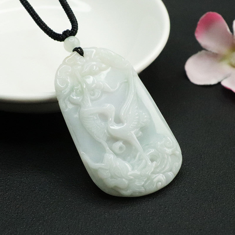 Jade Red-Crowned Crane Pendant with Auspicious Cloud Carving