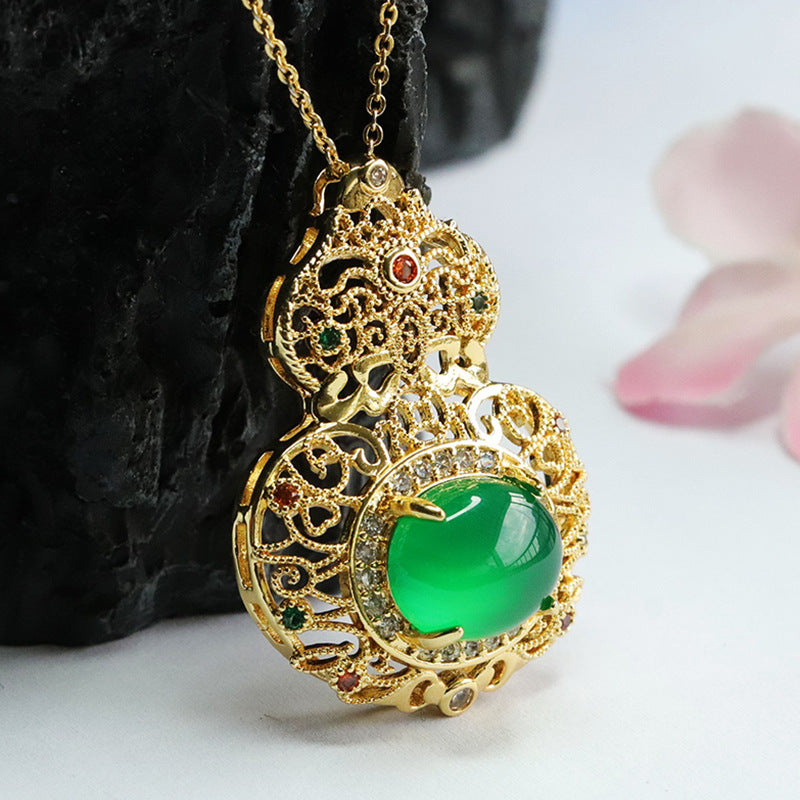 Ice Green Chalcedony Hollow Gourd Zircon Retro Pendant