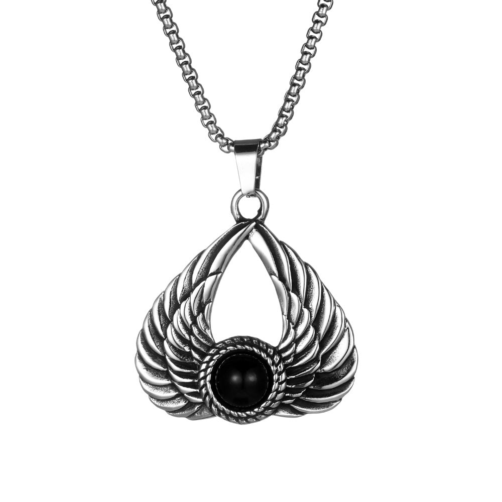 Titanium Steel Retro Wing Pendant Necklace for Men with Three-Color Gemstones