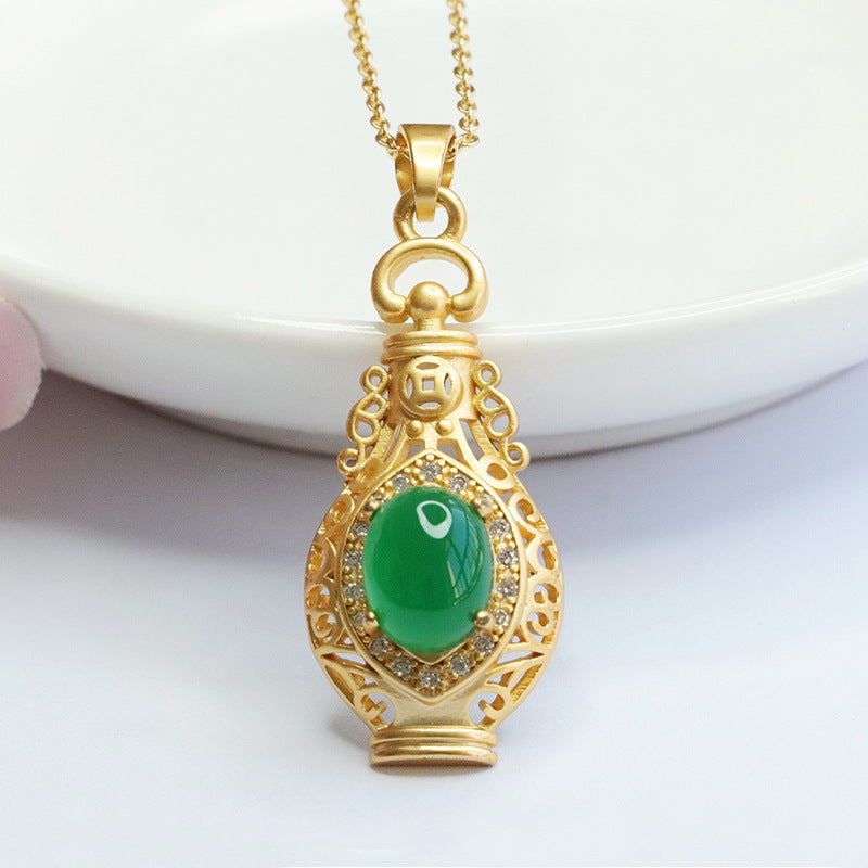 Imperial Green Chalcedony Vase Pendant Necklace with Ethnic Jewelry Design