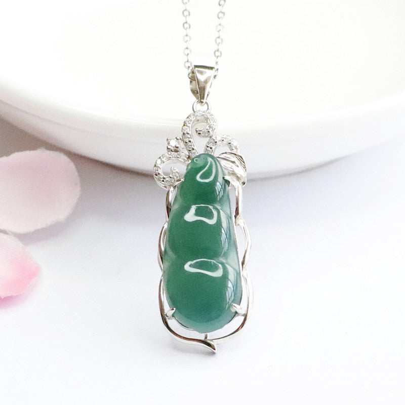 Ice Blue Green Beans Sterling Silver Necklace with Jade Pendant