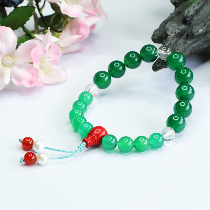 Green Chalcedony and White Crystal Red Agate Sterling Silver Bracelet