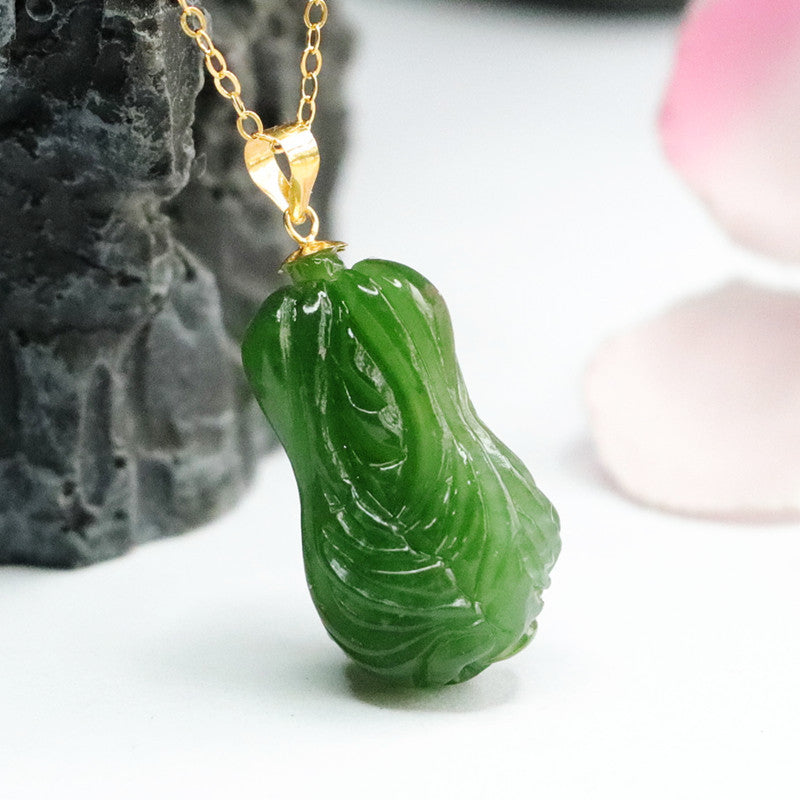 Green Cabbage Design Sterling Silver Pendant Necklace with Natural Hotan Jade Jasper