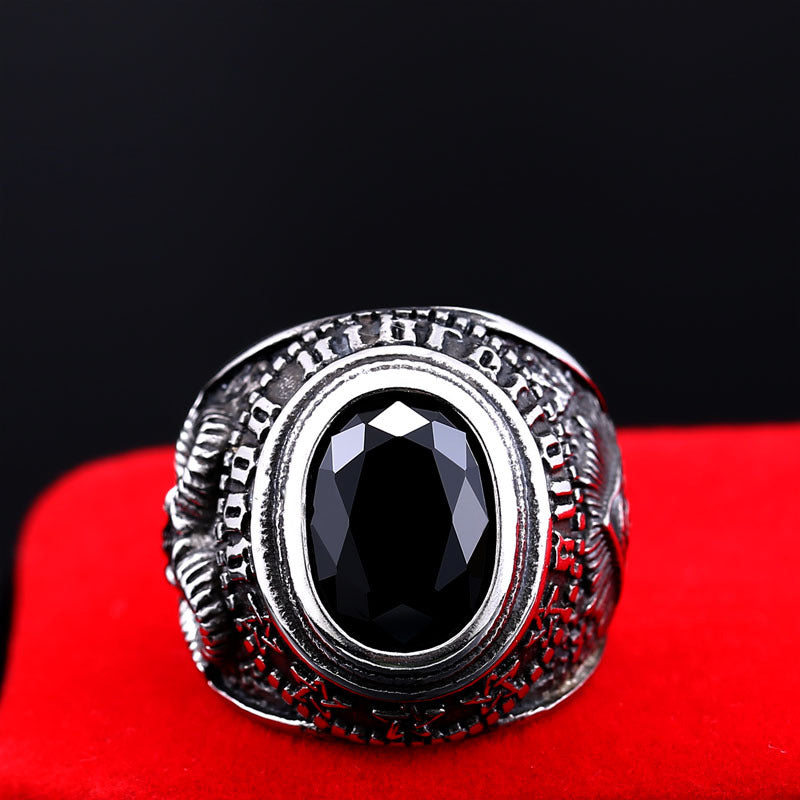 Custom Retro Masonic Titanium Steel Ring with Zircon Inlay for Men