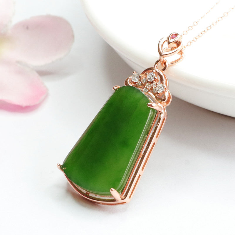 S925 Sterling Silver Trapezoid Hetian Jade Zircon Necklace Jewelry