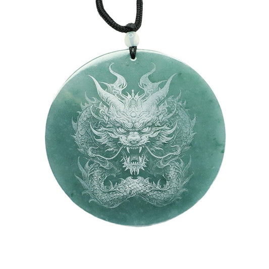 Dominant Dragon Carved Natural Jade Round Pendant in Blue and Green Shadow