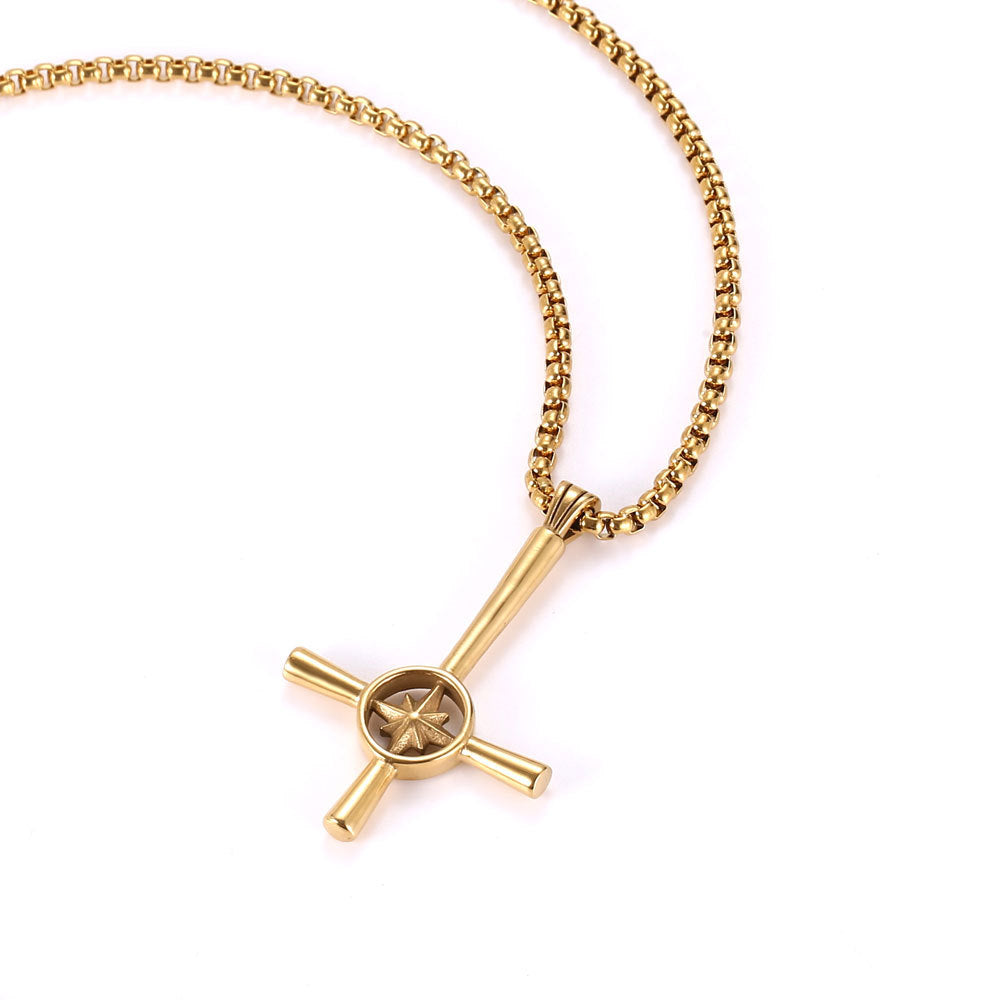 Stylish Stainless Steel Cross Necklace with Star Flower Pendant - Punk Hip-Hop Design for Men