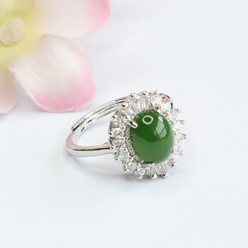 Fortune's Glow Hetian Jade Sterling Silver Ring with Green Jasper, Zircon, and Sunflower Detail