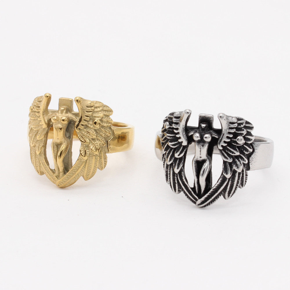 Retro Angel Wings Cross Men's Titanium Steel Ring