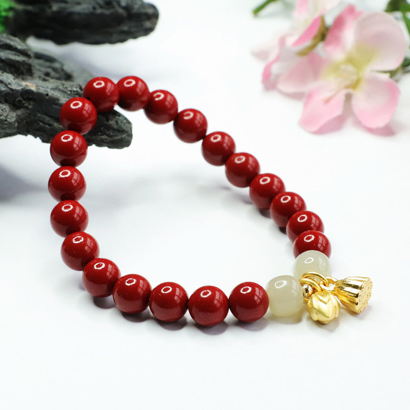 Fortune's Favor Sterling Silver Bracelet with Cinnabar Stone and Hetian Jade