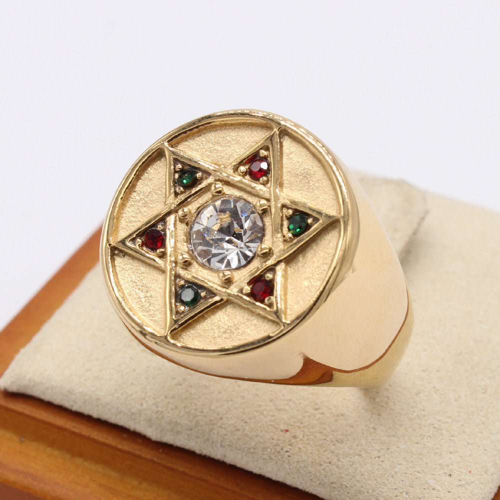 Fashion Simple Six-pointed Star Colourful Zircon Titanium Steel Ring for Men