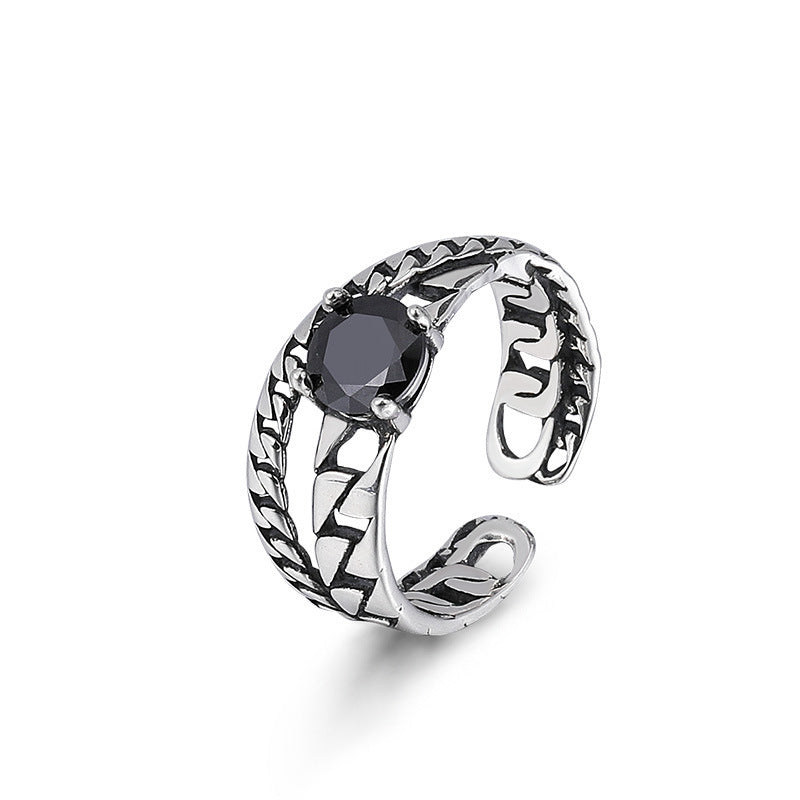 Retro Black Agate with Chain Design Opening Sterling Silver Ring