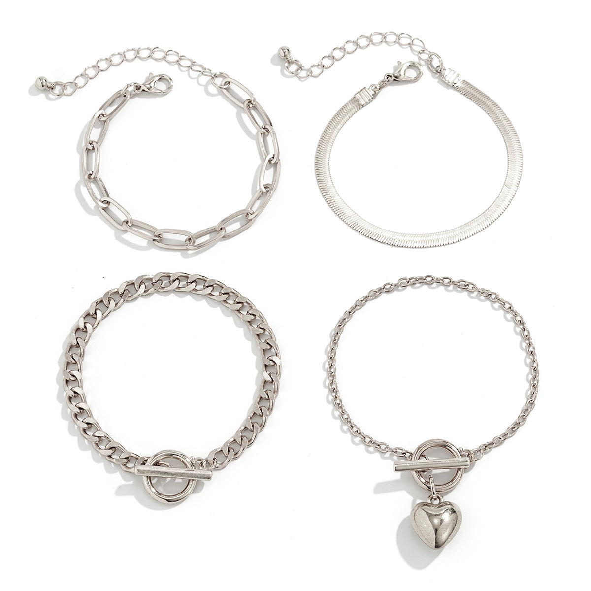 Trendy Hip-hop Metal Snake Bone Chain Bracelet with geometric heart and OT buckle