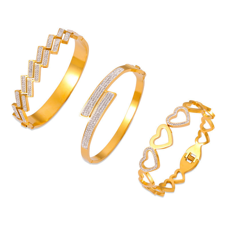 Luxurious Multi-Layer Hollow Gold-Plated Titanium Steel Bracelet with Geometric Zircon Design