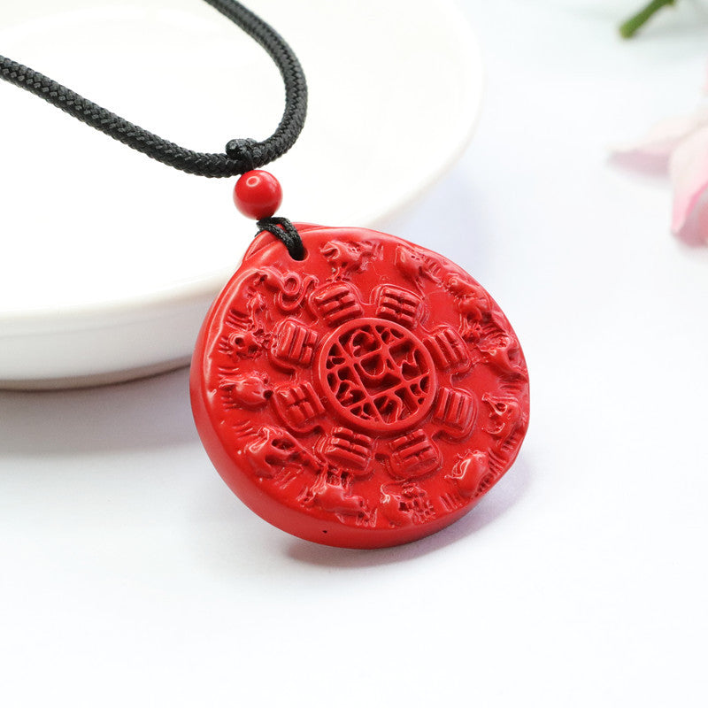 Red Sand Nine Palaces, Bagua, and Twelve Zodiac Sterling Silver Pendant with Cinnabar Stone