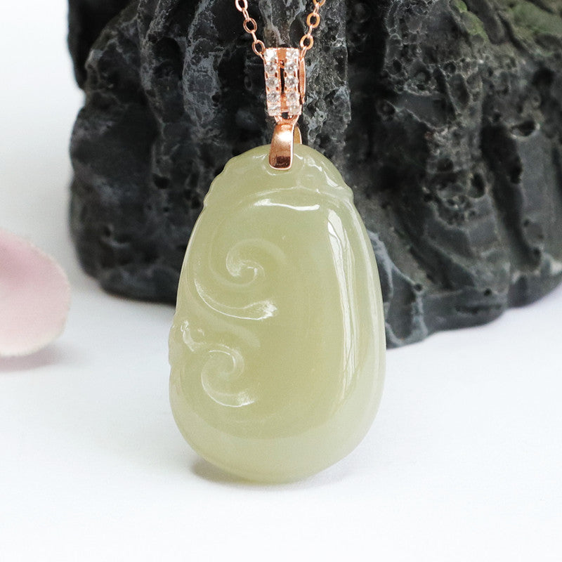 Ruyi Jade Zircon Rose Gold Necklace with Hotan Jade Gemstone