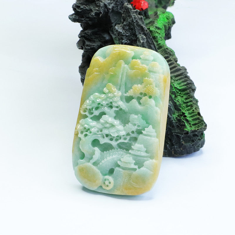 Landscape Jade Pendant Featuring High-Quality Yellow and Green Carving